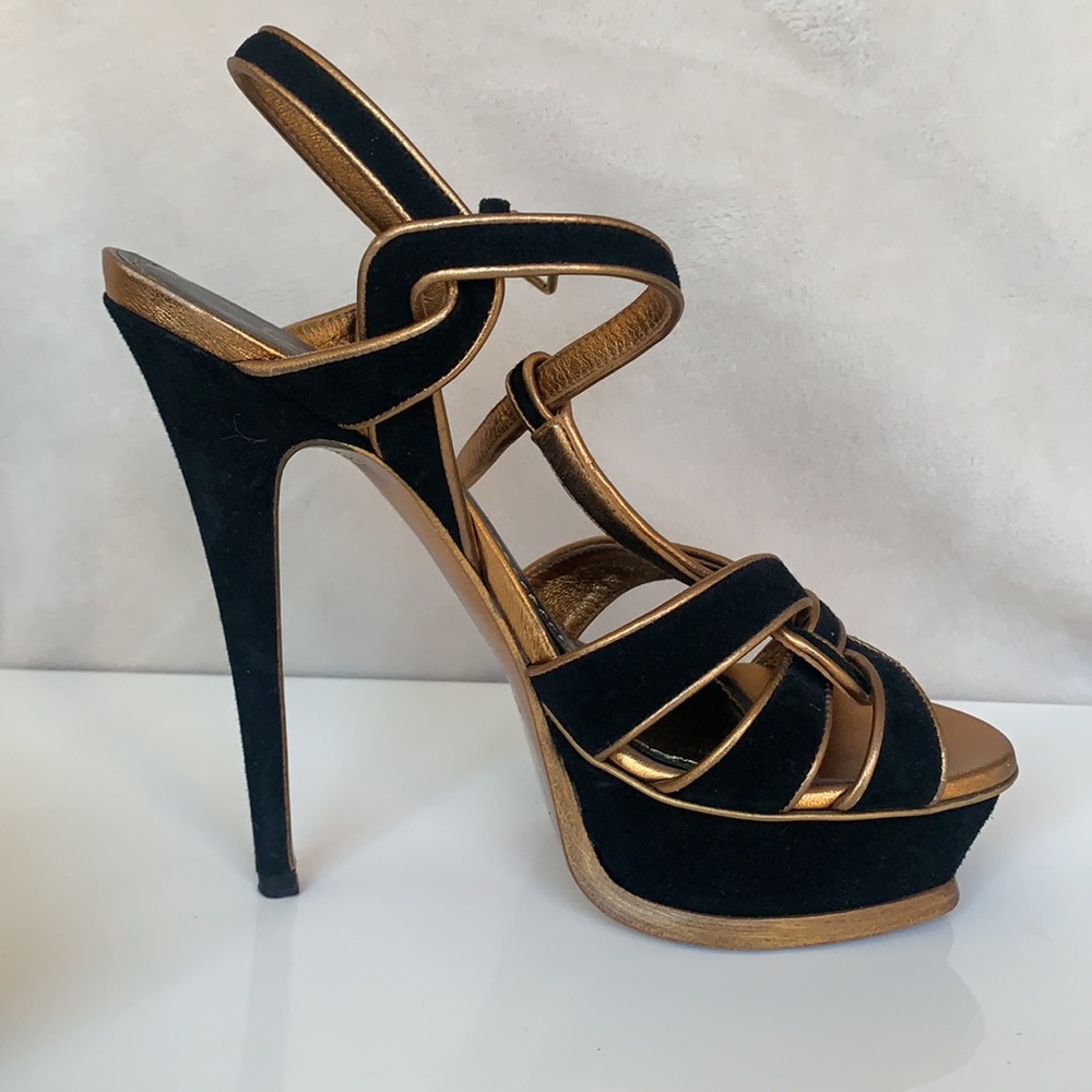 Yves Saint Laurent Black and Gold Suede Tribute 105 Sandals Size 37